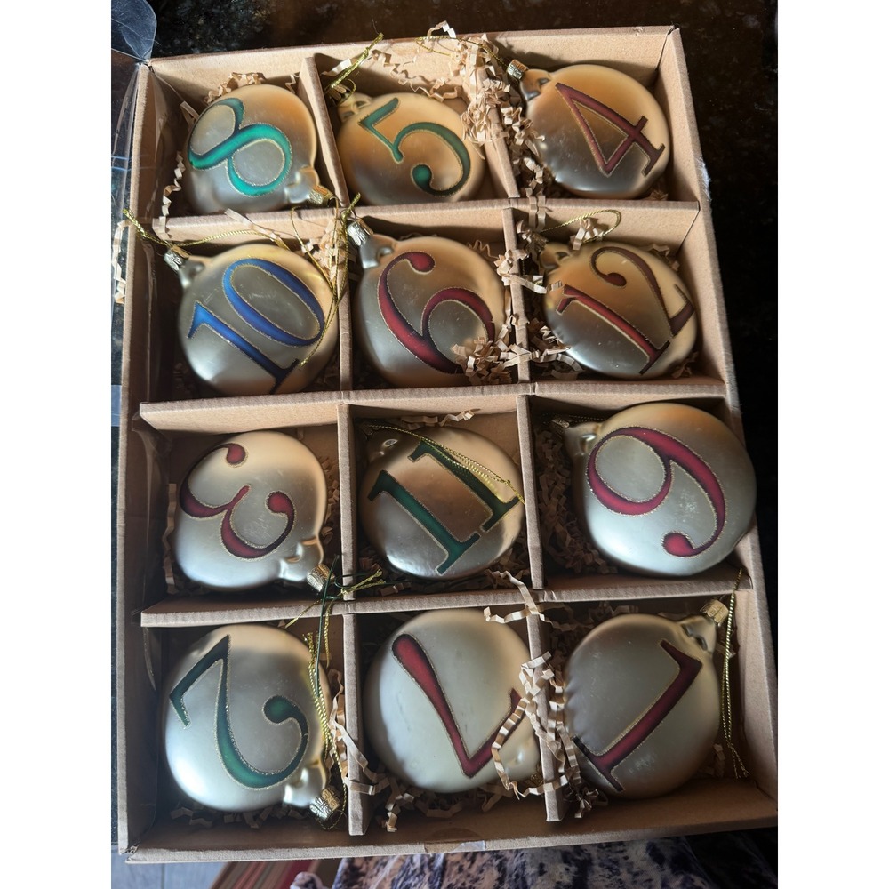 12 Days of Christmas Glass Ornament Set Gold Satin Double Sided 3 Inch 12 Piece